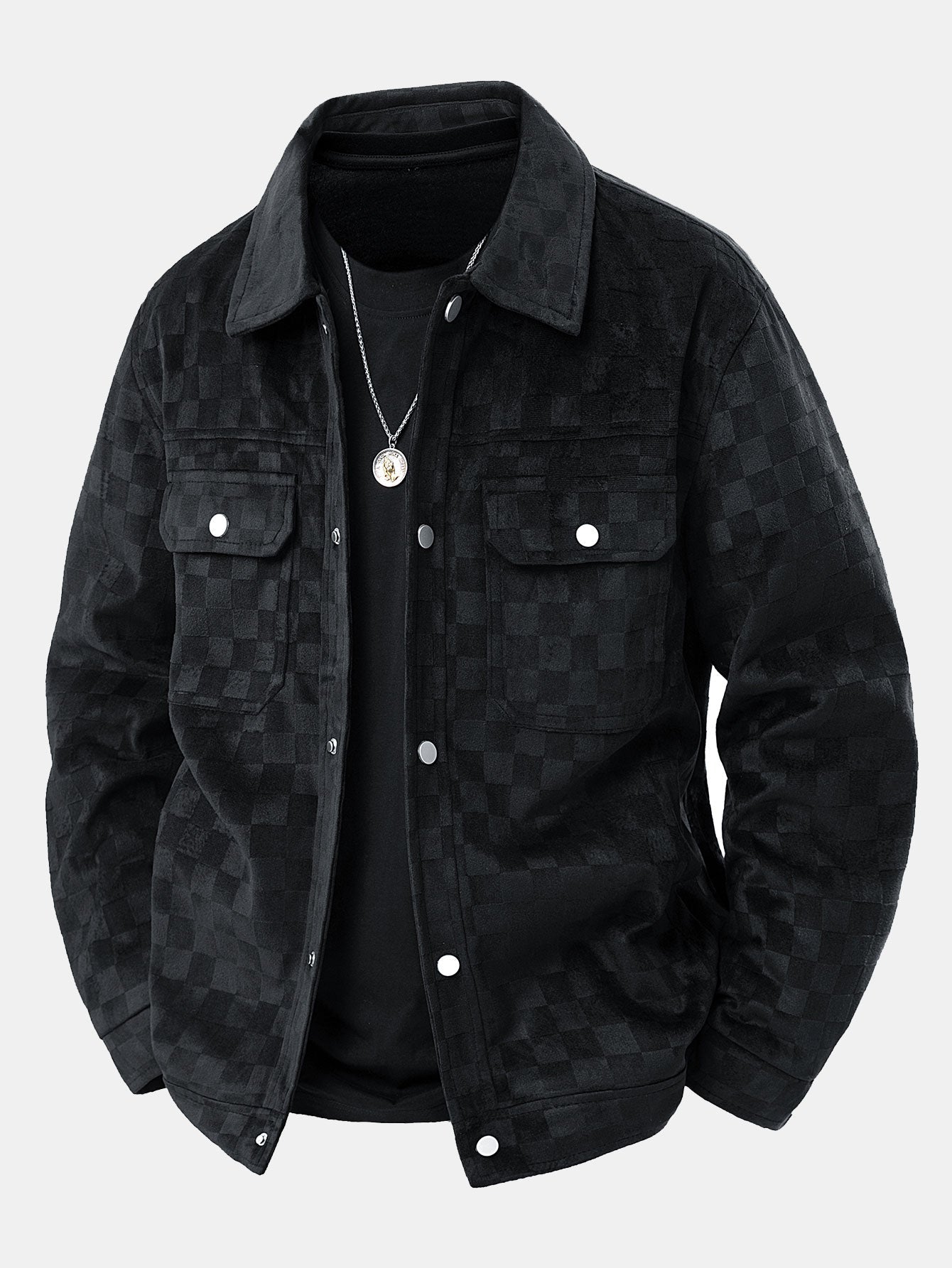 Harrison | checkerboard print faux suede pocket jacket