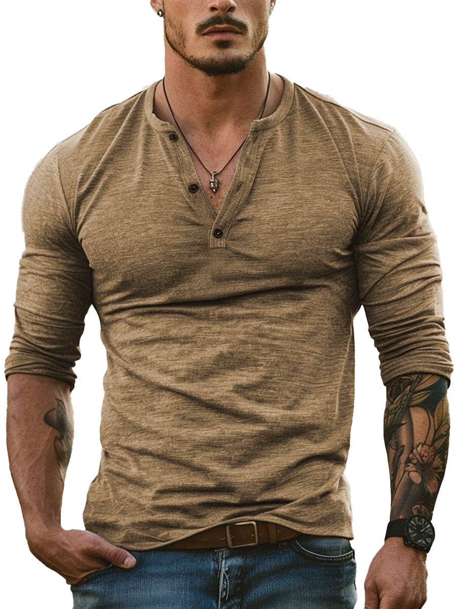Men's Long Sleeve Henley Collar Casual All-Match T-shirt