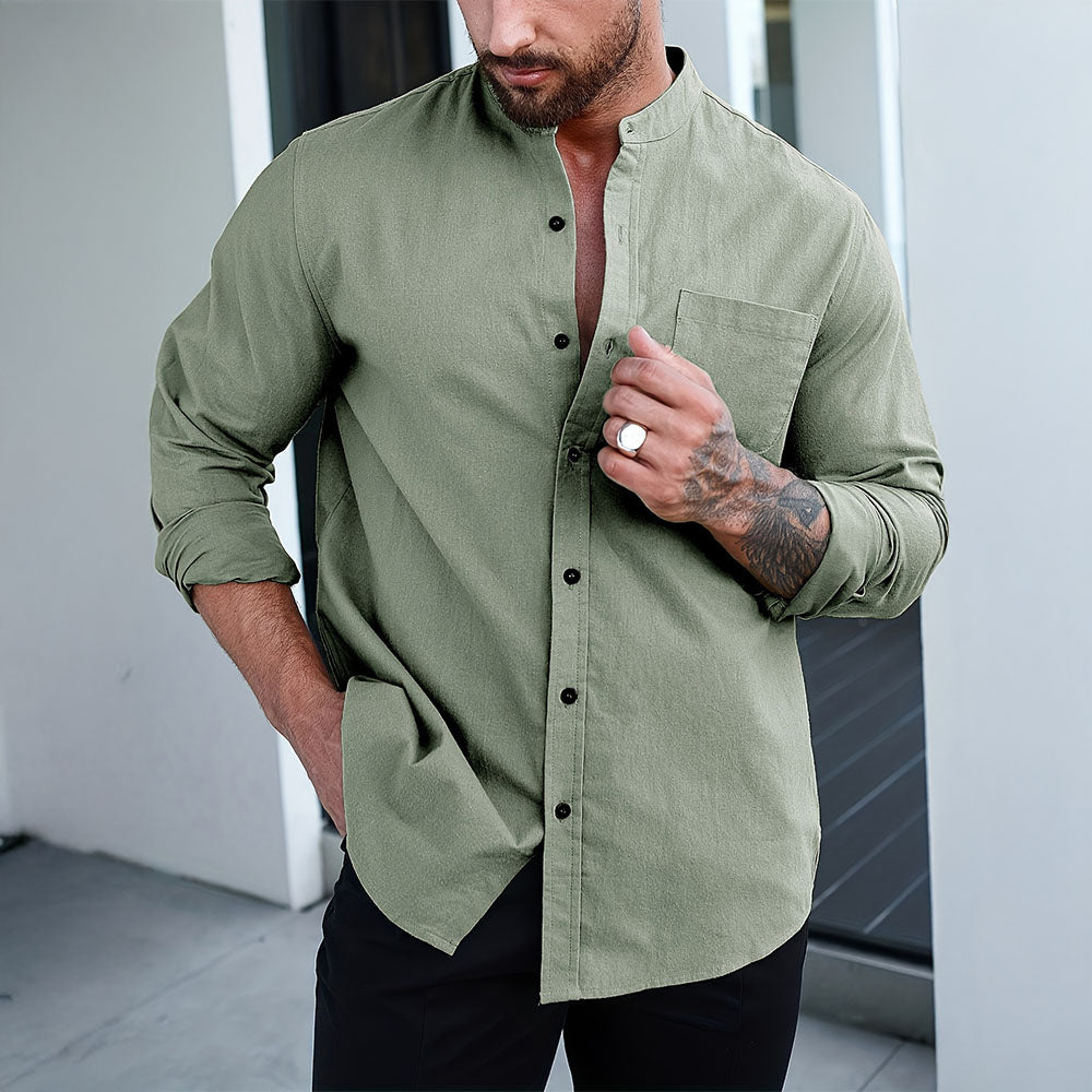 Button-Up Shirt with Mandarin Collar Design