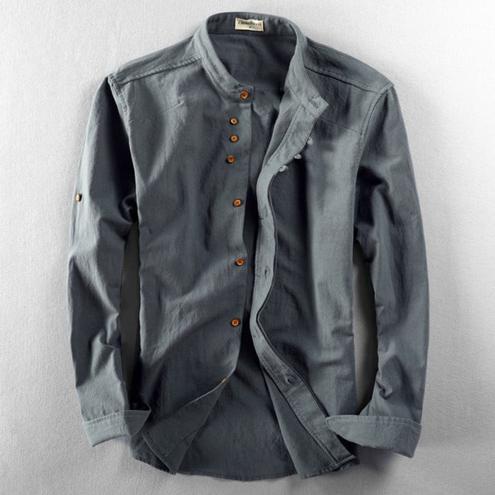 Casual Stand Collar Shirt with Vintage Buttons