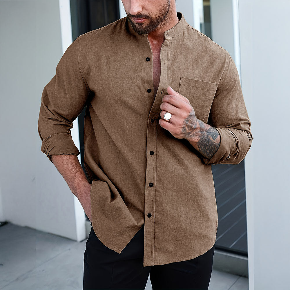 Button-Up Shirt with Mandarin Collar Design