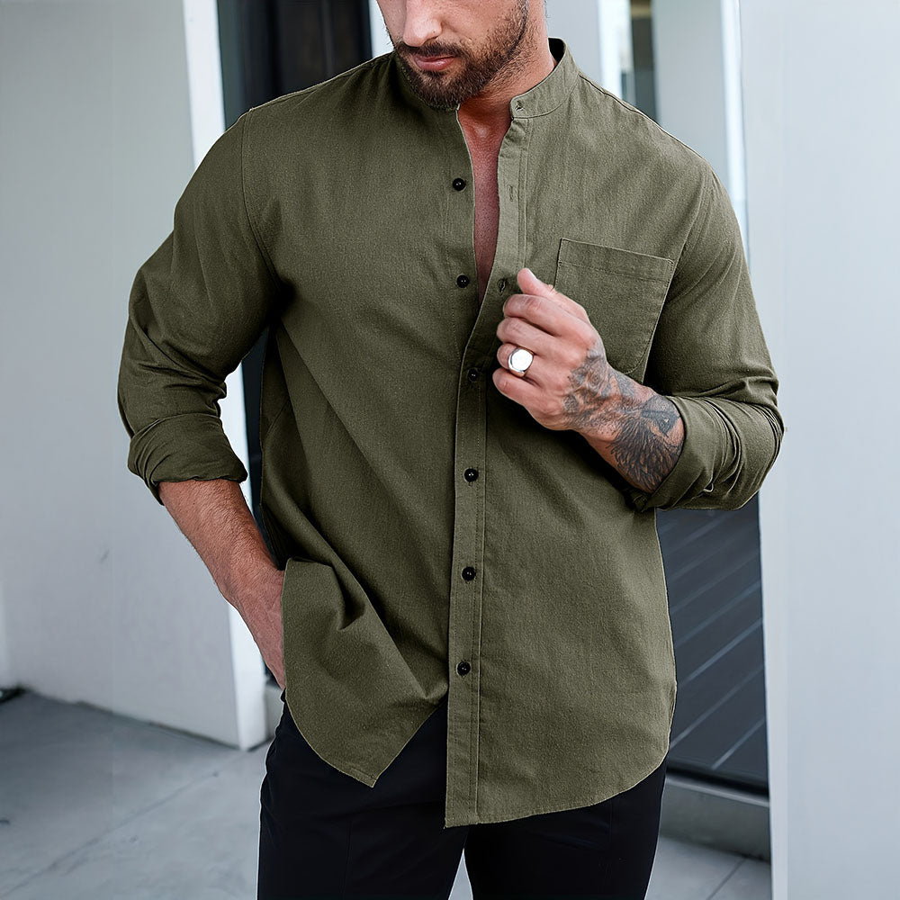 Button-Up Shirt with Mandarin Collar Design