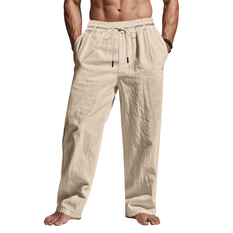 Relaxed Fit Men's Full Length Linen Trousers with Drawstring Waist and Pockets