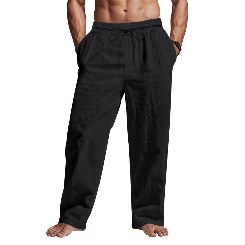 Relaxed Fit Men's Full Length Linen Trousers with Drawstring Waist and Pockets
