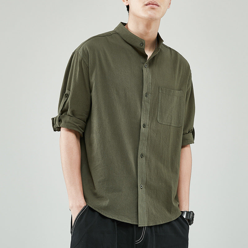 Relaxed Fit Band Collar Linen Shirt