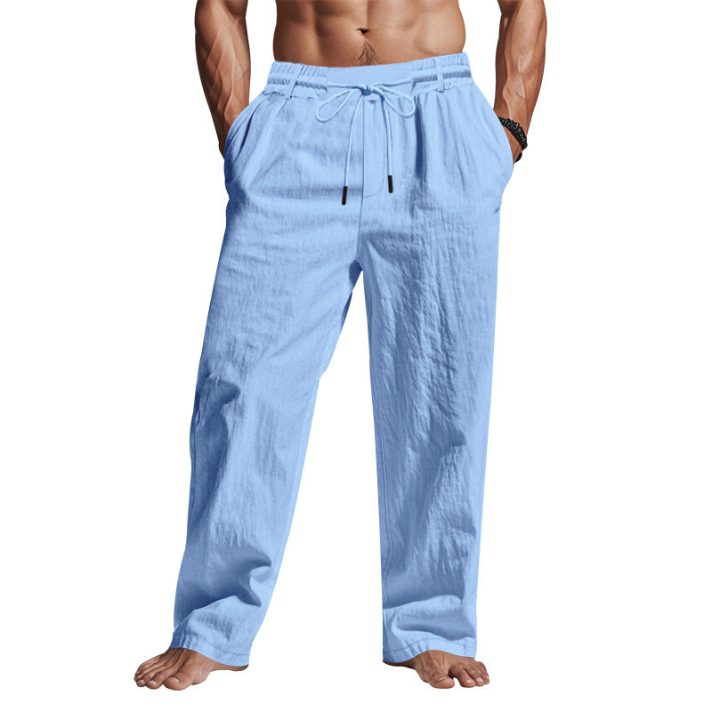 Relaxed Fit Men's Full Length Linen Trousers with Drawstring Waist and Pockets