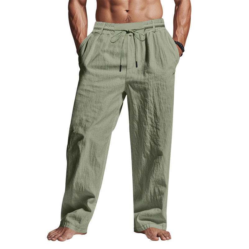 Relaxed Fit Men's Full Length Linen Trousers with Drawstring Waist and Pockets