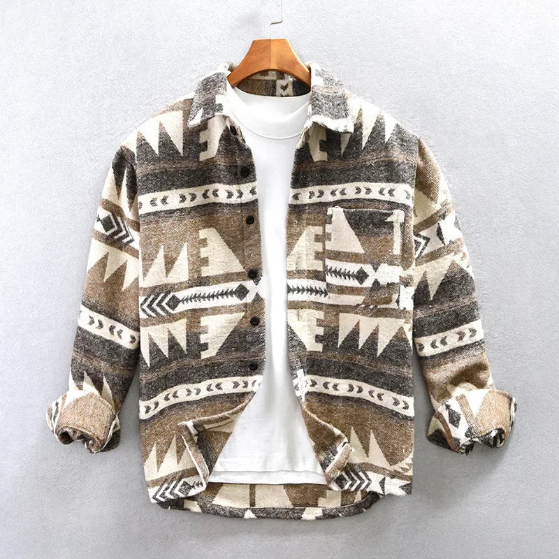 Retro Patterned Shirt Jacket with Warmth
