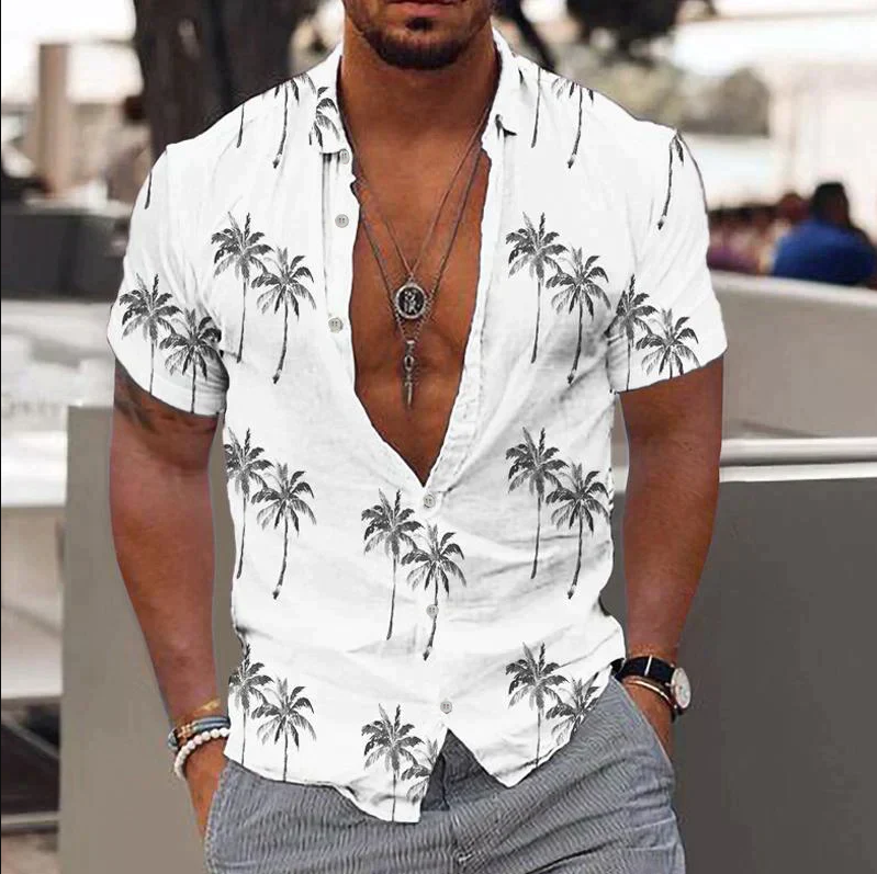 Cotton Shirt with Tropical Design for Men