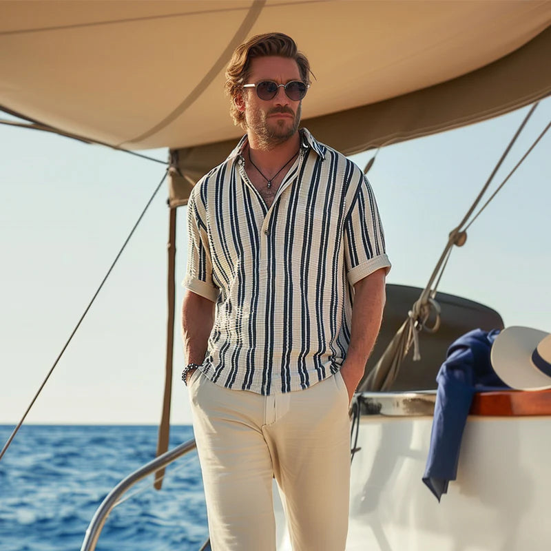 Men's Striped V-Neck Short Sleeve Shirt
