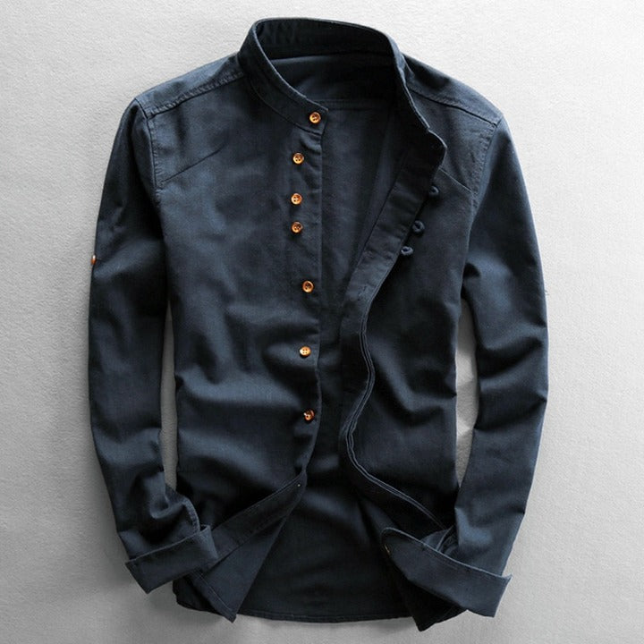 Casual Stand Collar Shirt with Vintage Buttons