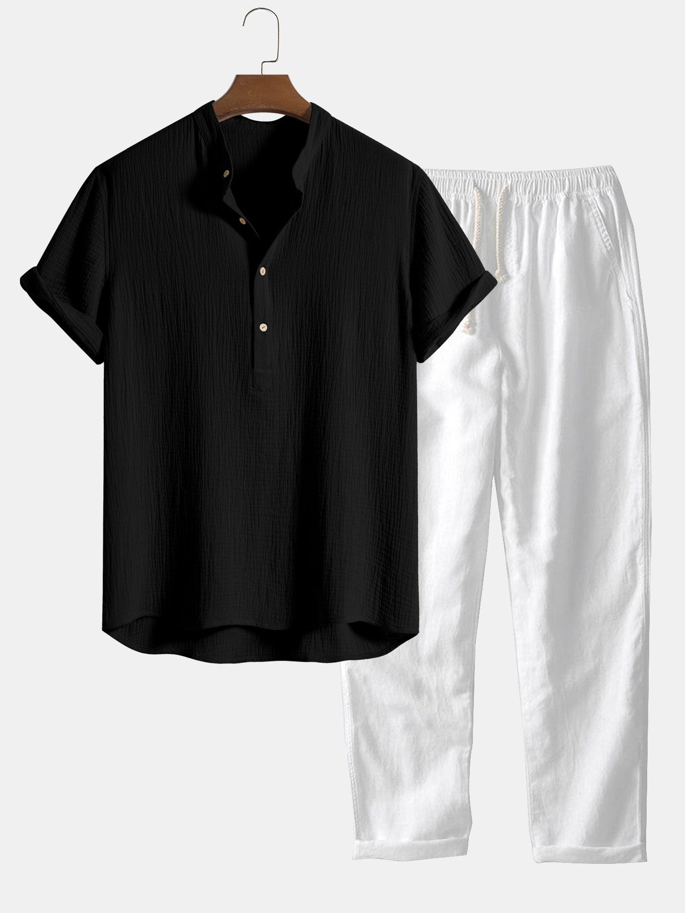 Men's Wrinkled Cotton Henley Shirt with Linen Pants