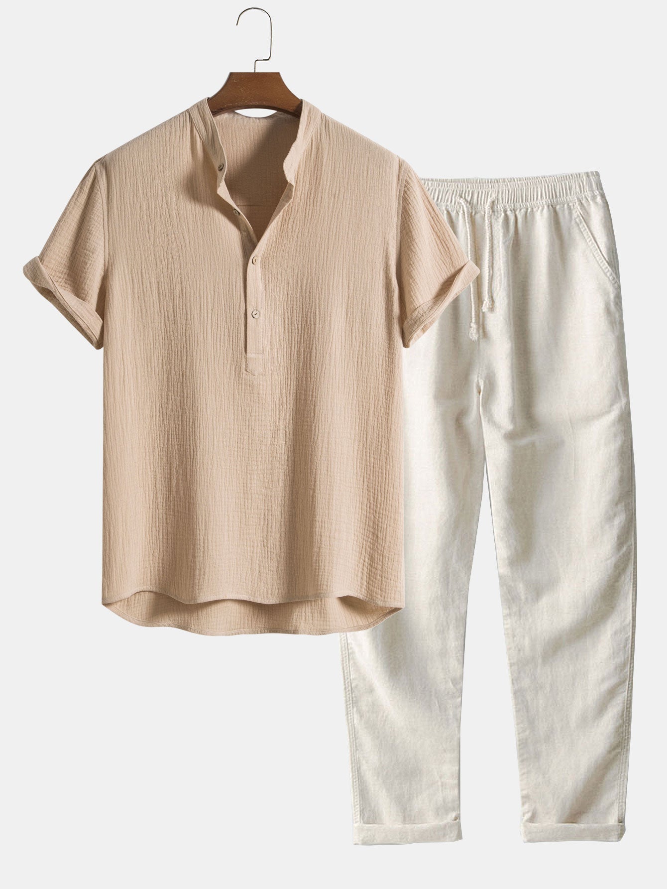 Men's Wrinkled Cotton Henley Shirt with Linen Pants