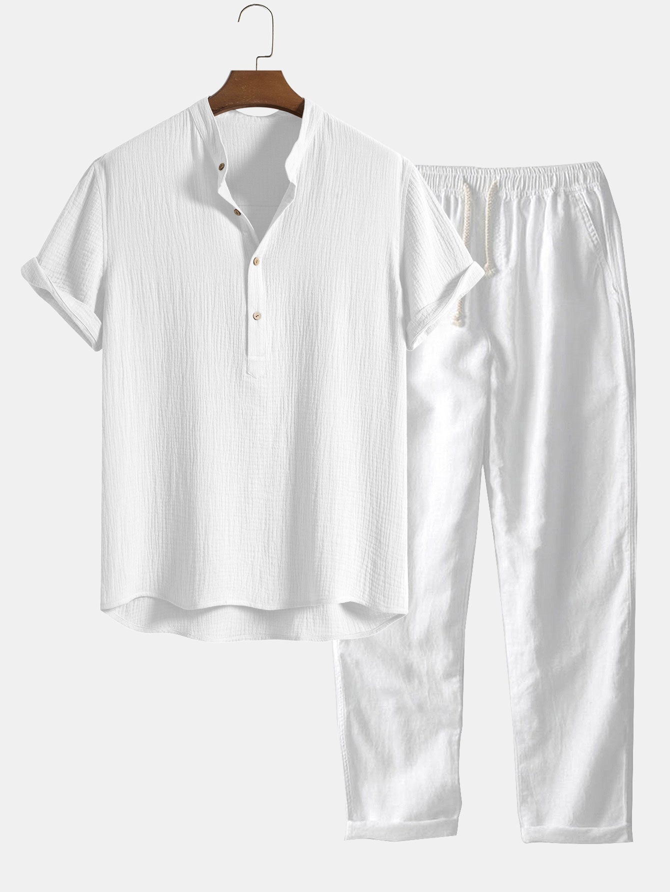 Men's Wrinkled Cotton Henley Shirt with Linen Pants
