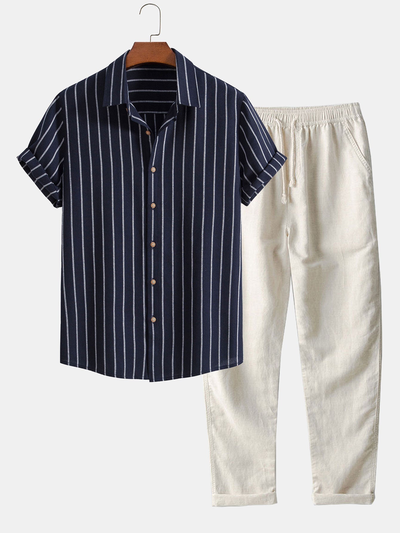 Men's Striped Cotton Shirt with Linen Pants Set