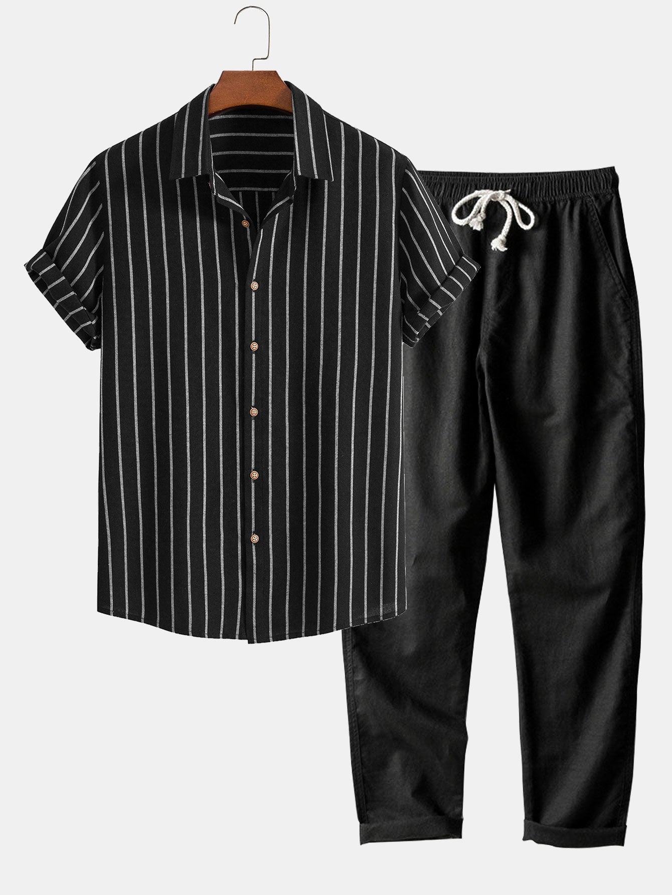 Men's Striped Cotton Shirt with Linen Pants Set