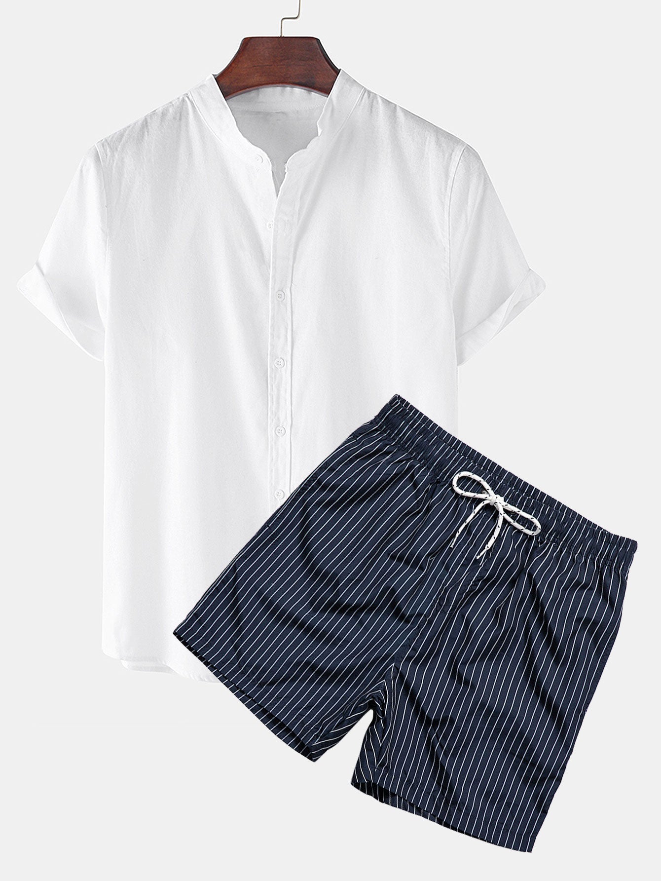 Men's Linen Look Shirt with Striped Swim Shorts
