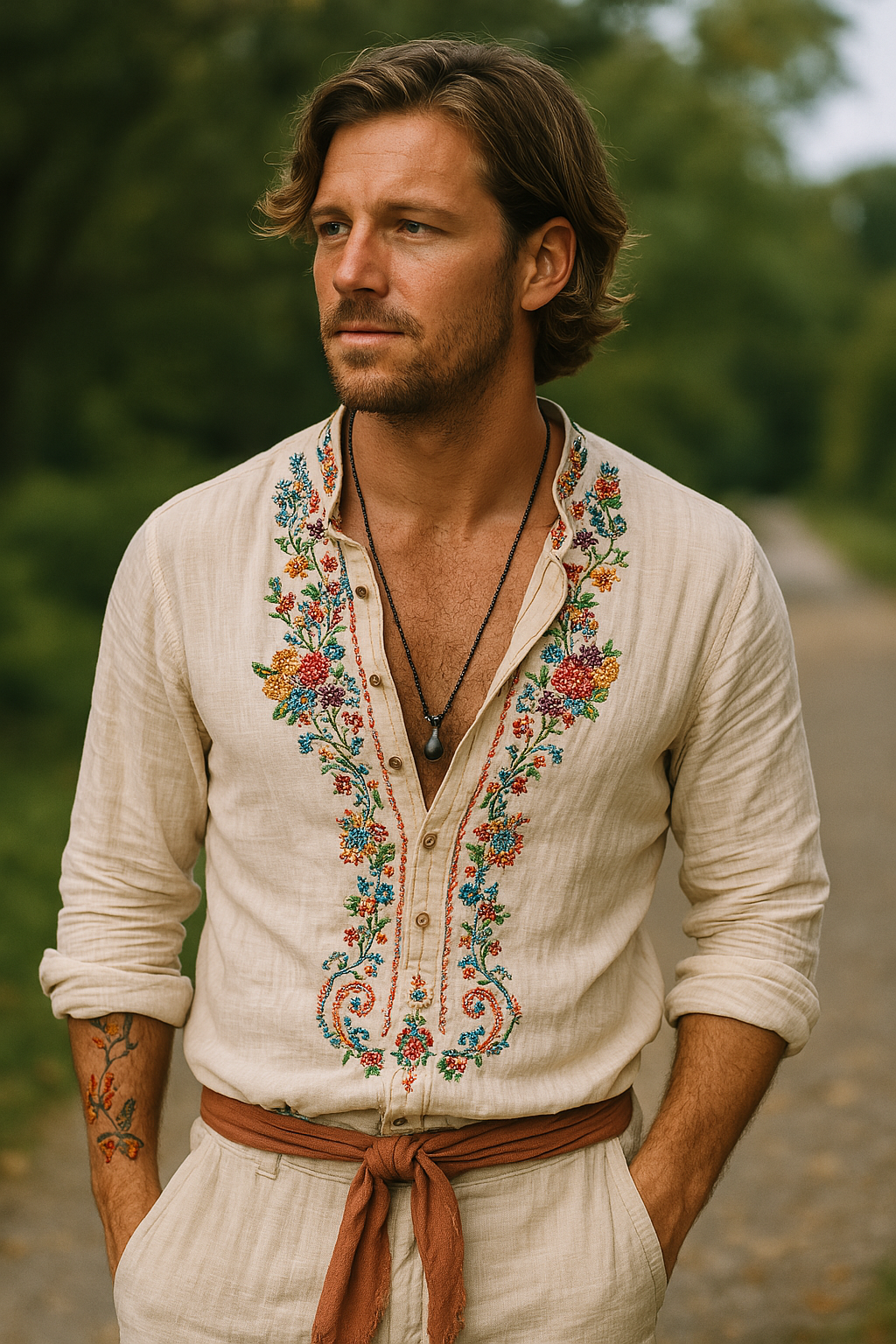 Men's Long Sleeve Embroidered Vintage Shirt