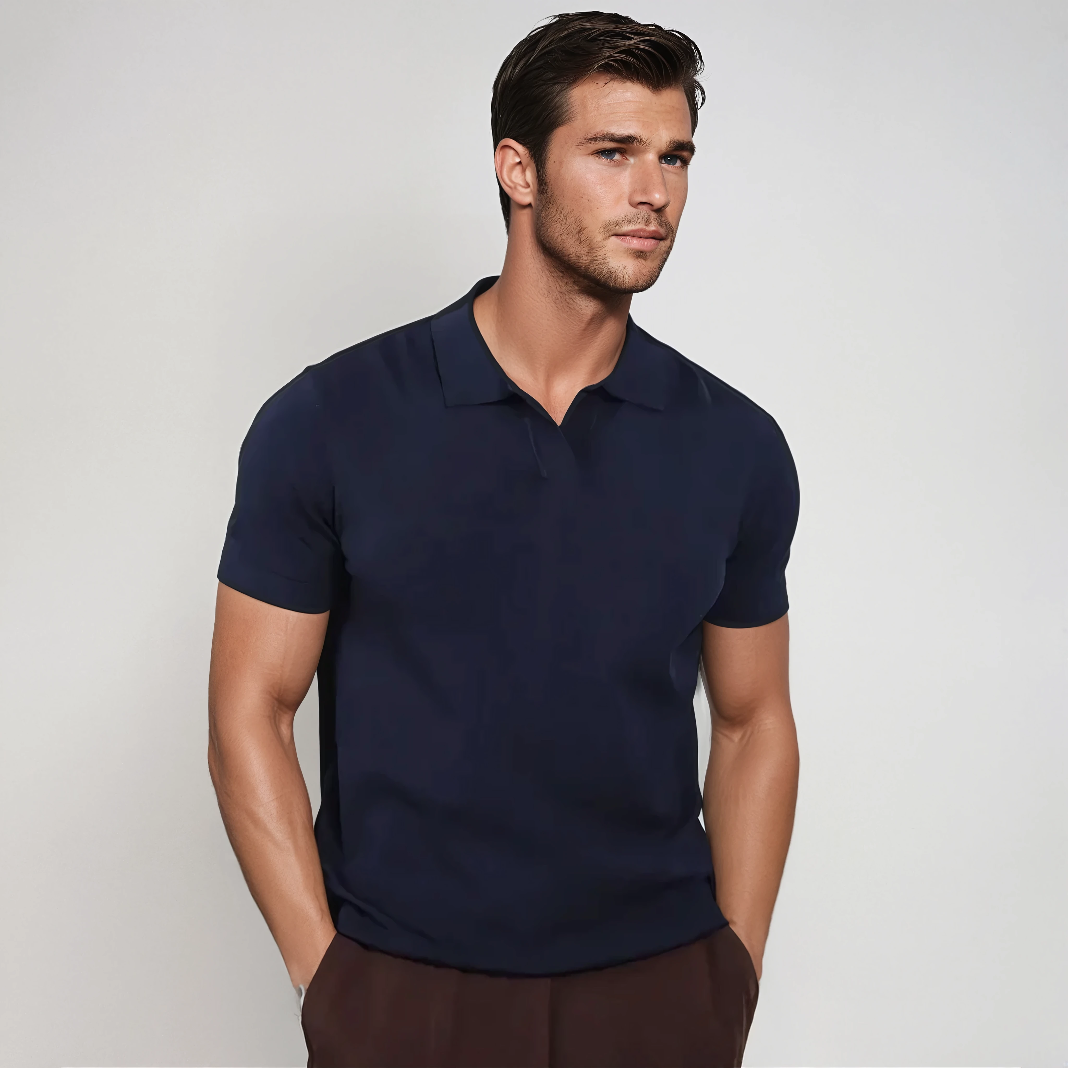 Men's Navy Blue Collarless Polo Shirt