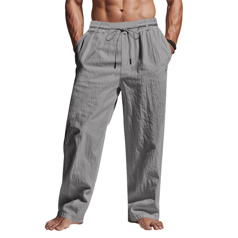 Relaxed Fit Men's Full Length Linen Trousers with Drawstring Waist and Pockets