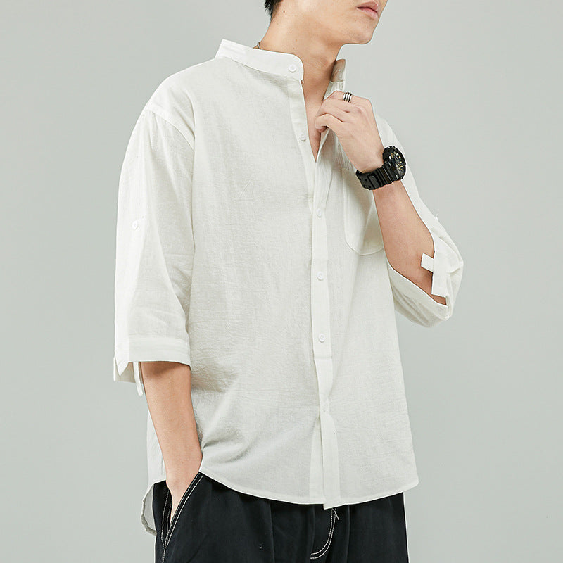 Relaxed Fit Band Collar Linen Shirt
