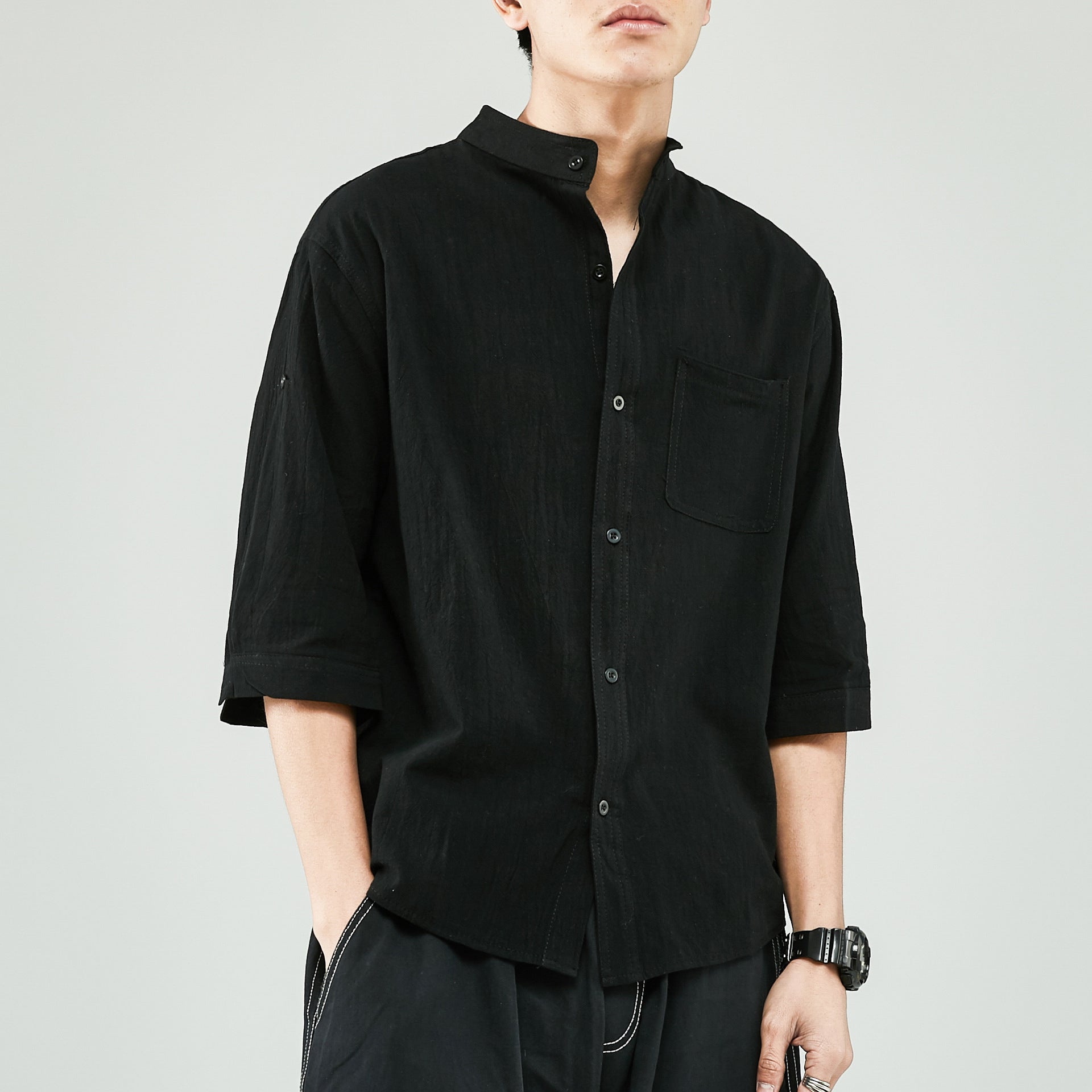 Relaxed Fit Band Collar Linen Shirt