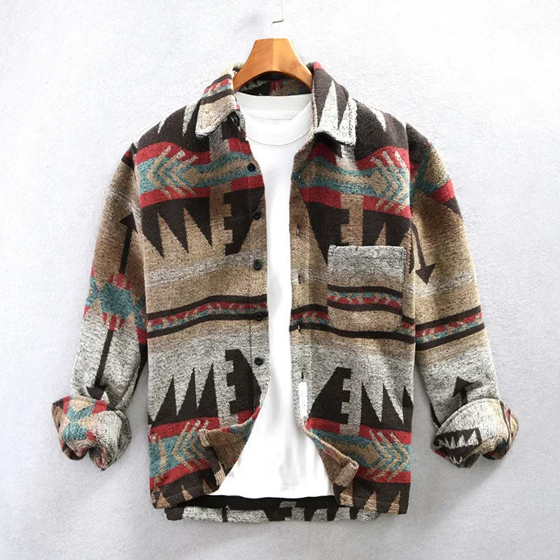 Retro Patterned Shirt Jacket with Warmth