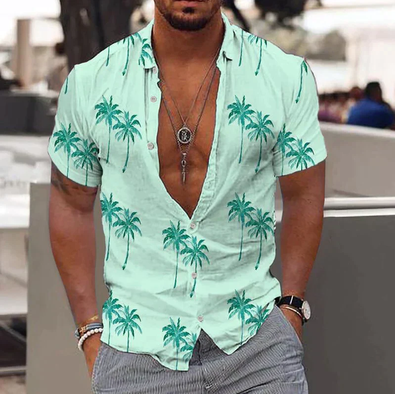Cotton Shirt with Tropical Design for Men