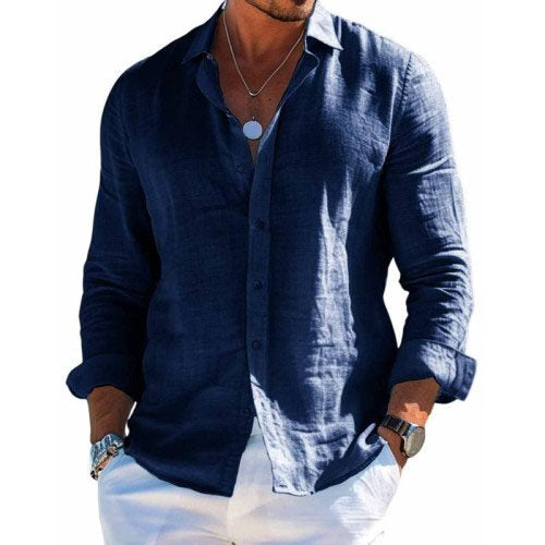Men's Casual Solid Color Cotton Linen Collar Shirt