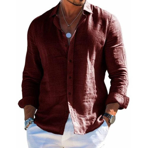 Men's Casual Solid Color Cotton Linen Collar Shirt