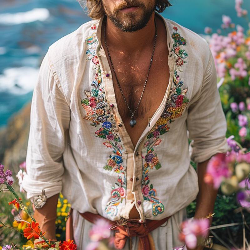 Men's Long Sleeve Embroidered Vintage Shirt