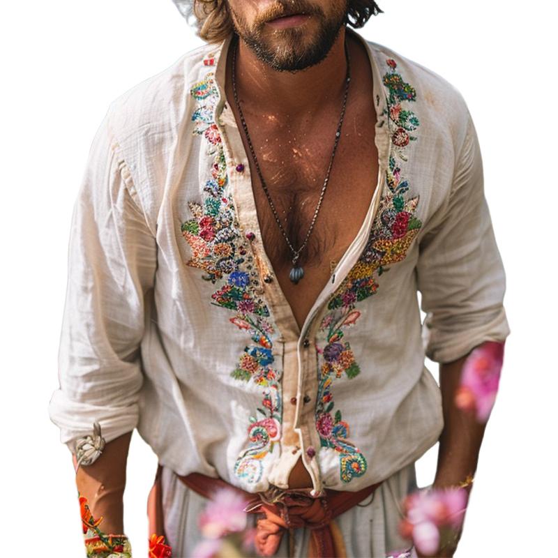 Men's Long Sleeve Embroidered Vintage Shirt