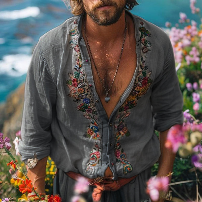 Men's Long Sleeve Embroidered Vintage Shirt